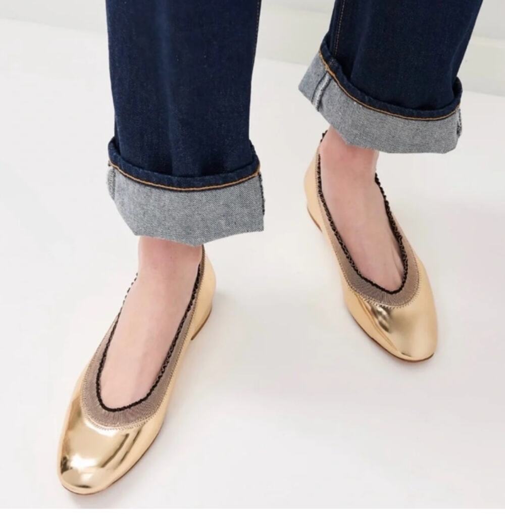Ulla Johnson Elise Ruffle Ballet Flats 7 NWT Gold Leather Quiet Luxury Old Money